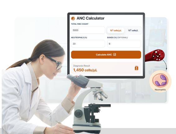 A female analyst looks into a microscope next to a digital ANC blood calculation interface.