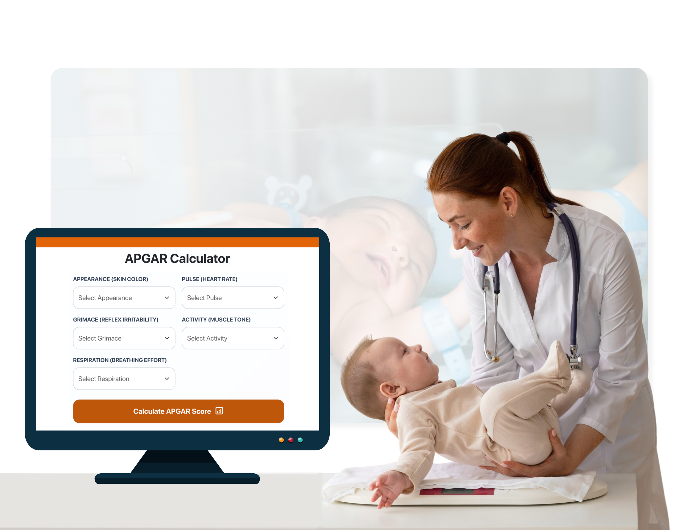 A pediatrician examines a newborn next to a monitor showing the digital APGAR scoring tool.