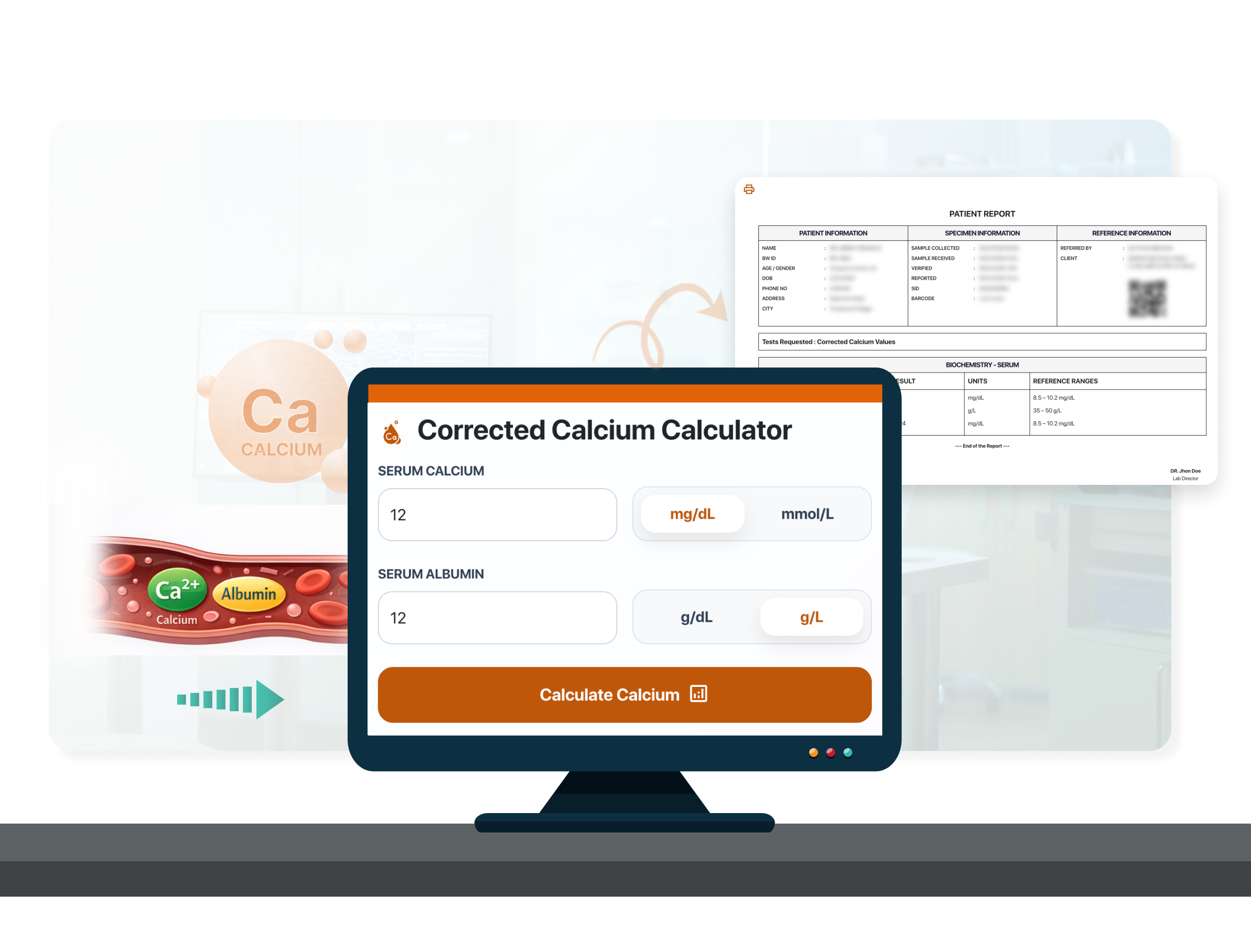 A digital desktop monitor displaying input fields for serum calcium and albumin calculator.