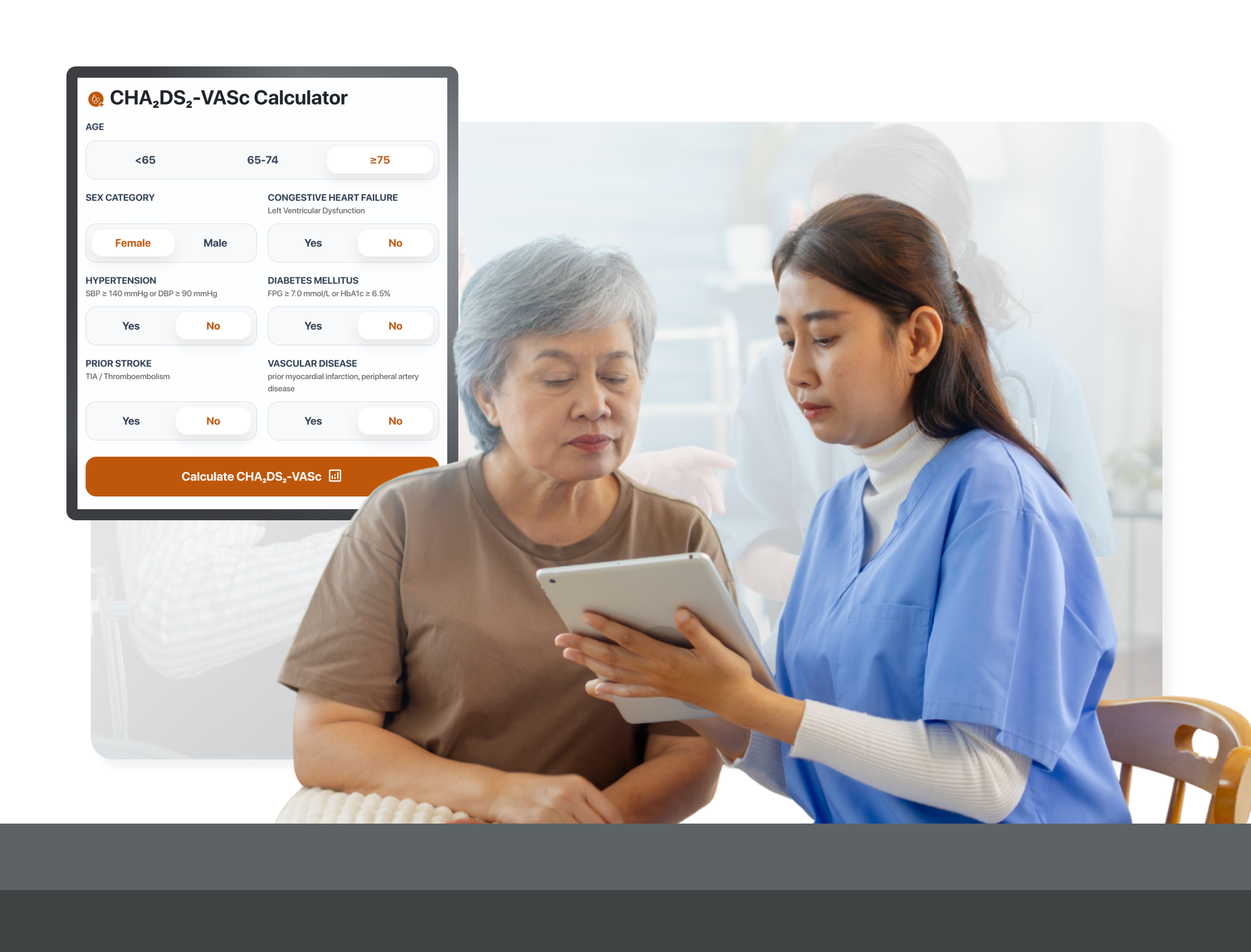 A medical nurse uses a tablet with an elderly patient to evaluate cardiovascular stroke risk.
