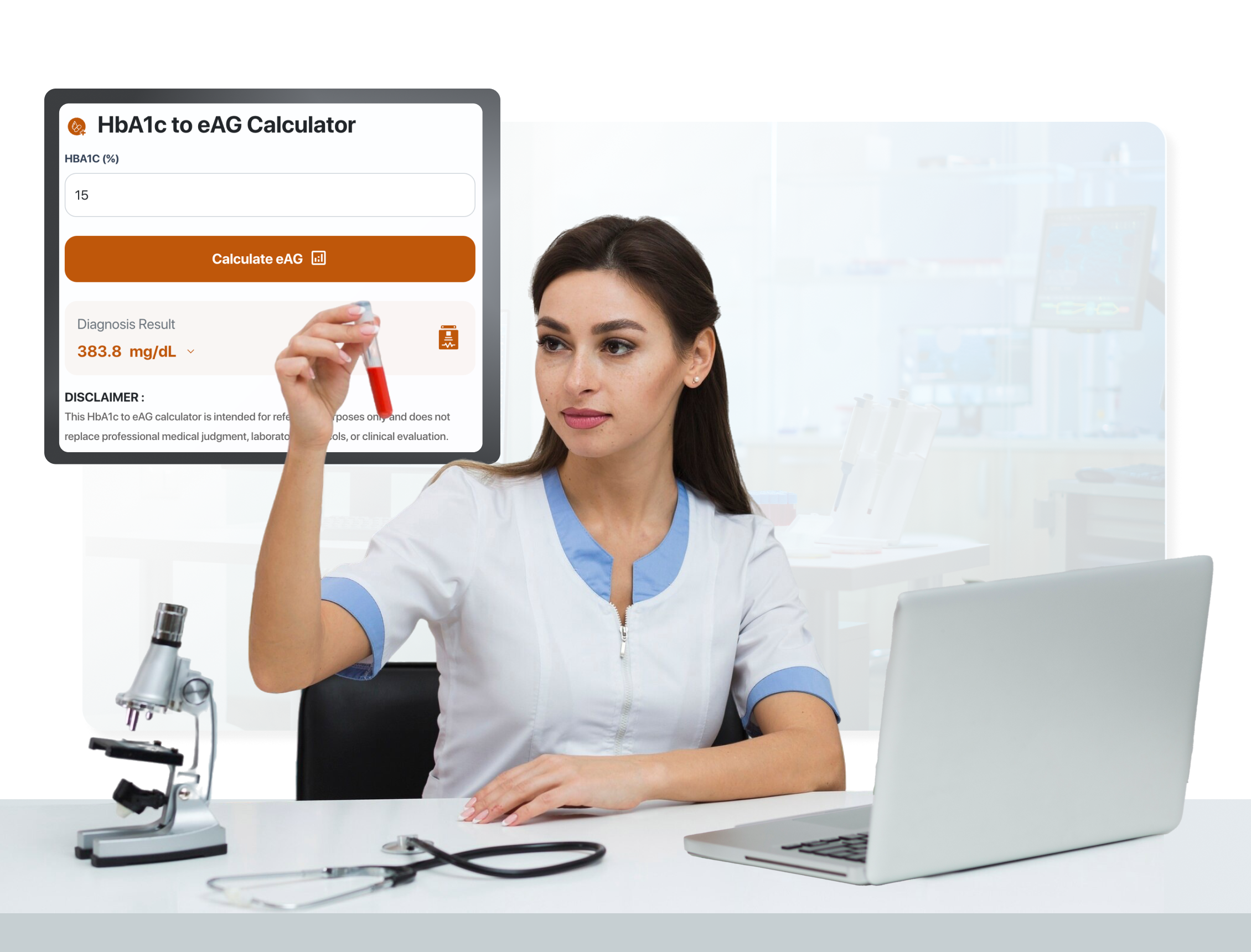 A female doctor holds a blood vial near a laptop displaying an HbA1c glucose conversion tool.