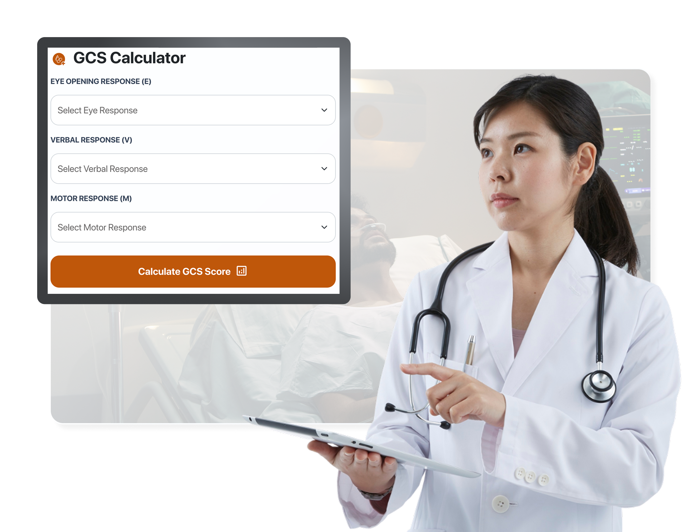 A female doctor uses a tablet near a digital interface displaying GCS consciousness scoring.