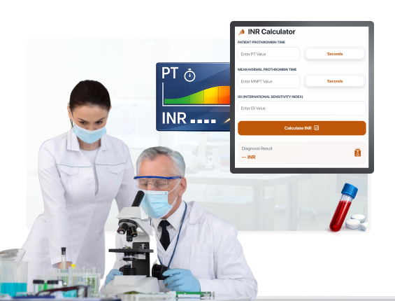 Two laboratory scientists analyze samples next to a digital INR blood calculation interface.