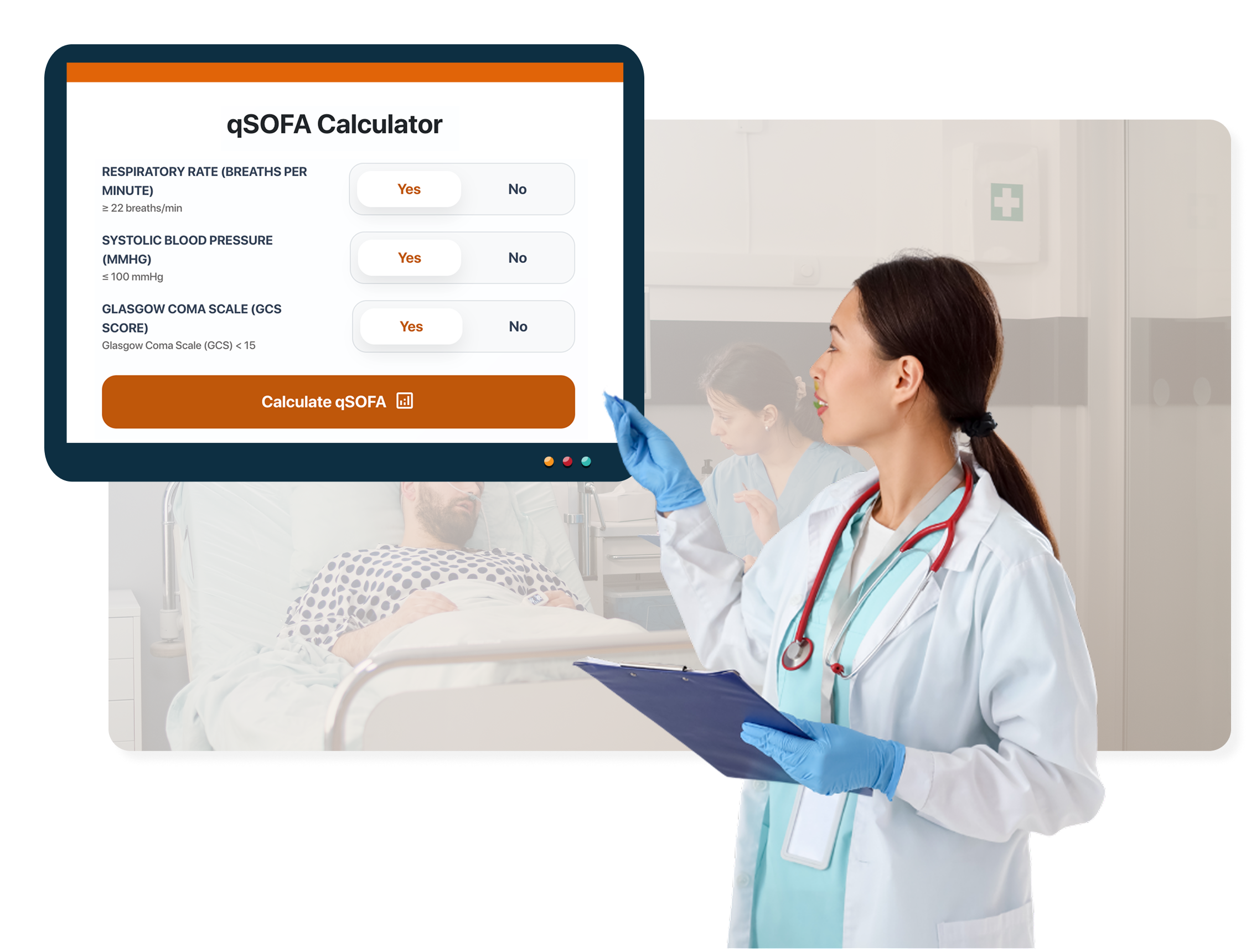 A female doctor holds a medical clipboard next to a digital screen showing a QSOFA calculator.