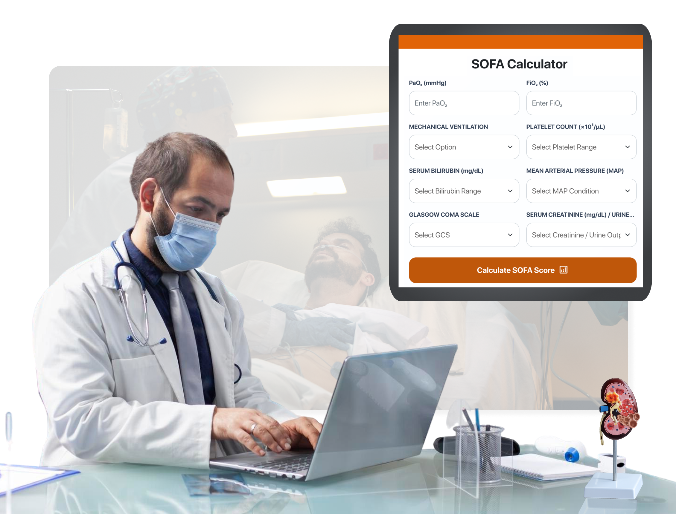 A doctor works on a laptop next to a digital interface displaying a SOFA scoring calculator.