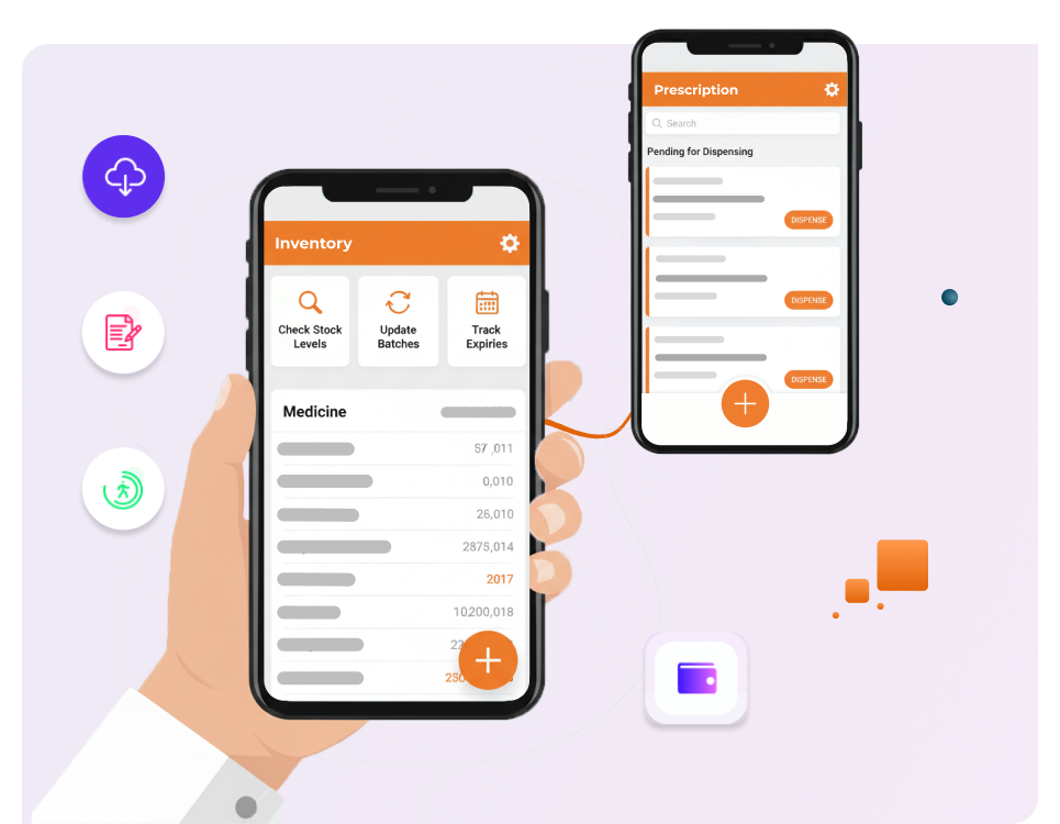 Access pharmacy inventory, prescriptions, billing, and reports anytime with MocDoc mobile app.