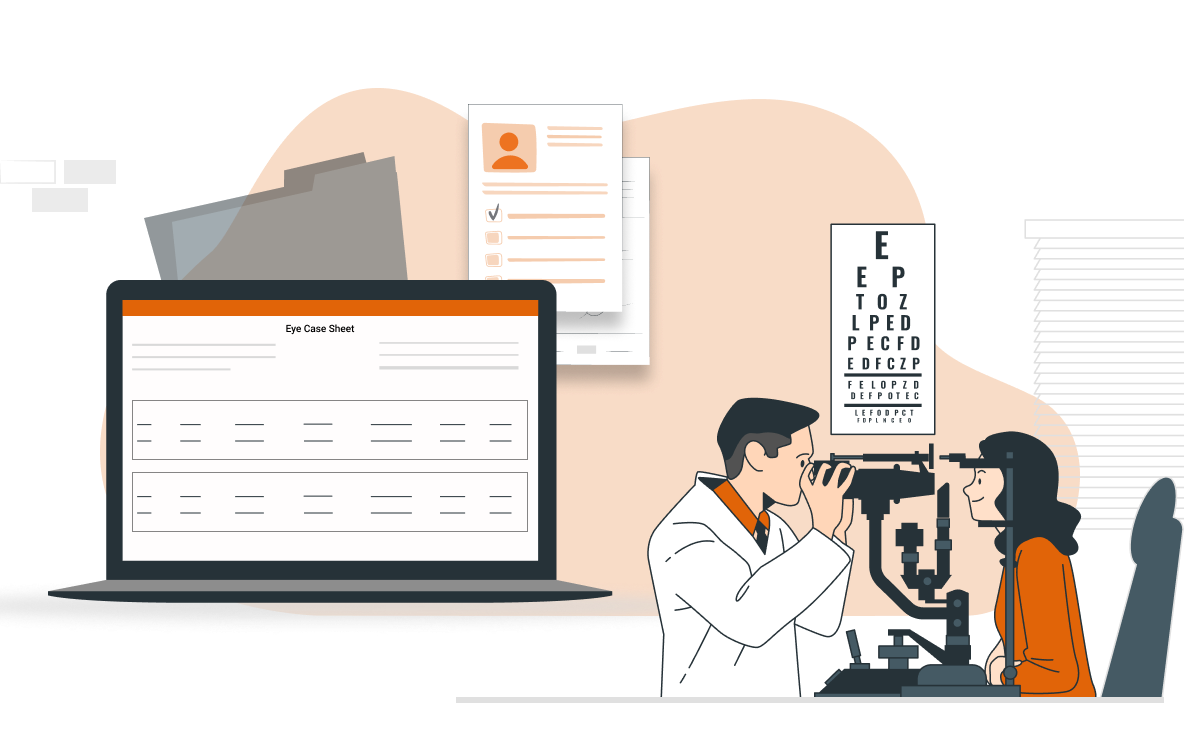 Digital eye exam setup with doctor, patient, chart, and documentation on a laptop