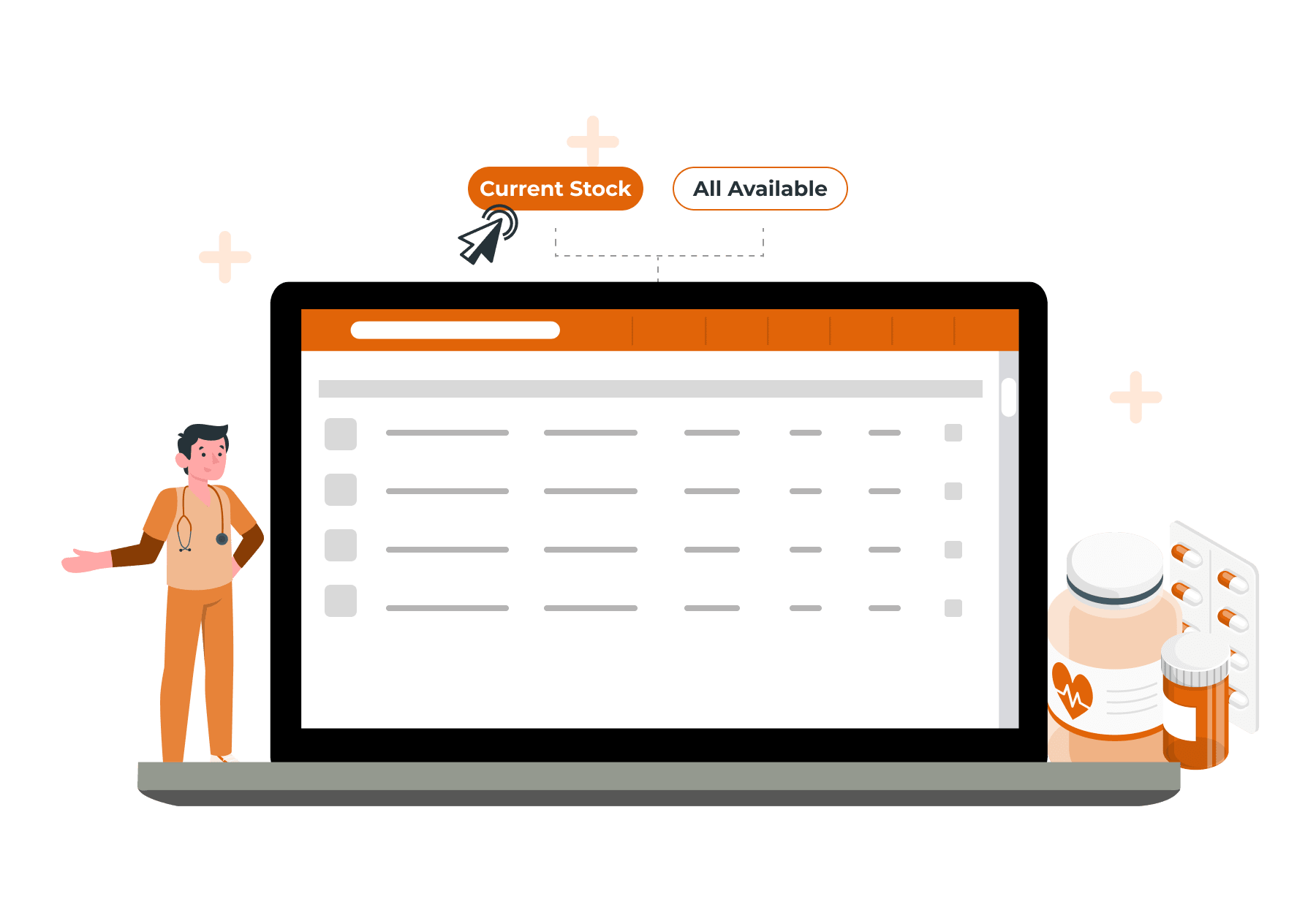 Pharmacy management system highlights stocked products for efficient transactions and better service. 