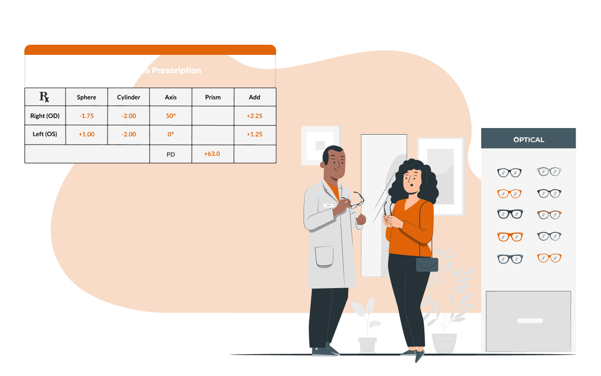 Doctor explaining eyeglass prescription to a patient with frames showcased in an optical store setup