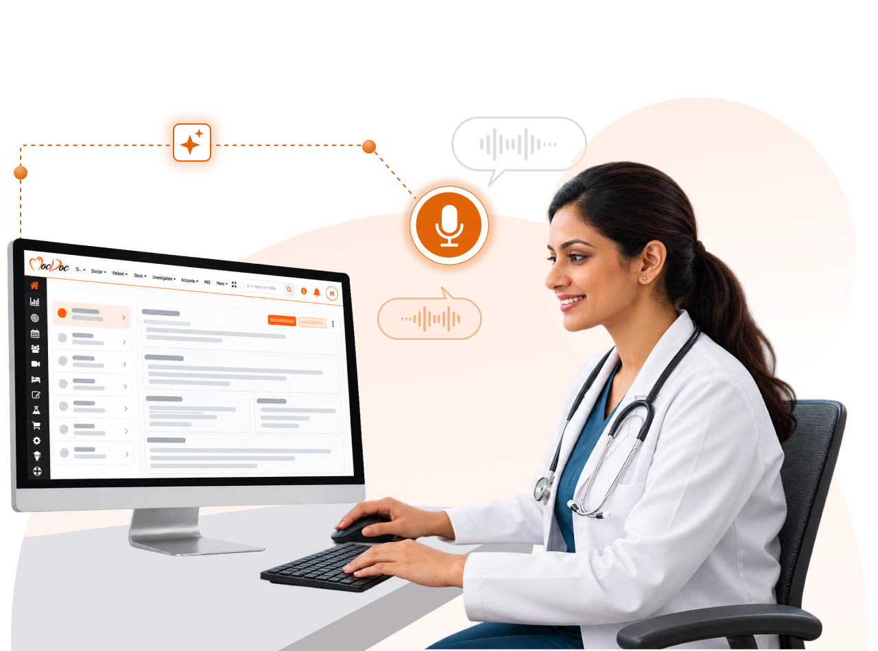 AI-generated patient note inside MocDoc EMR on a doctor's monitor