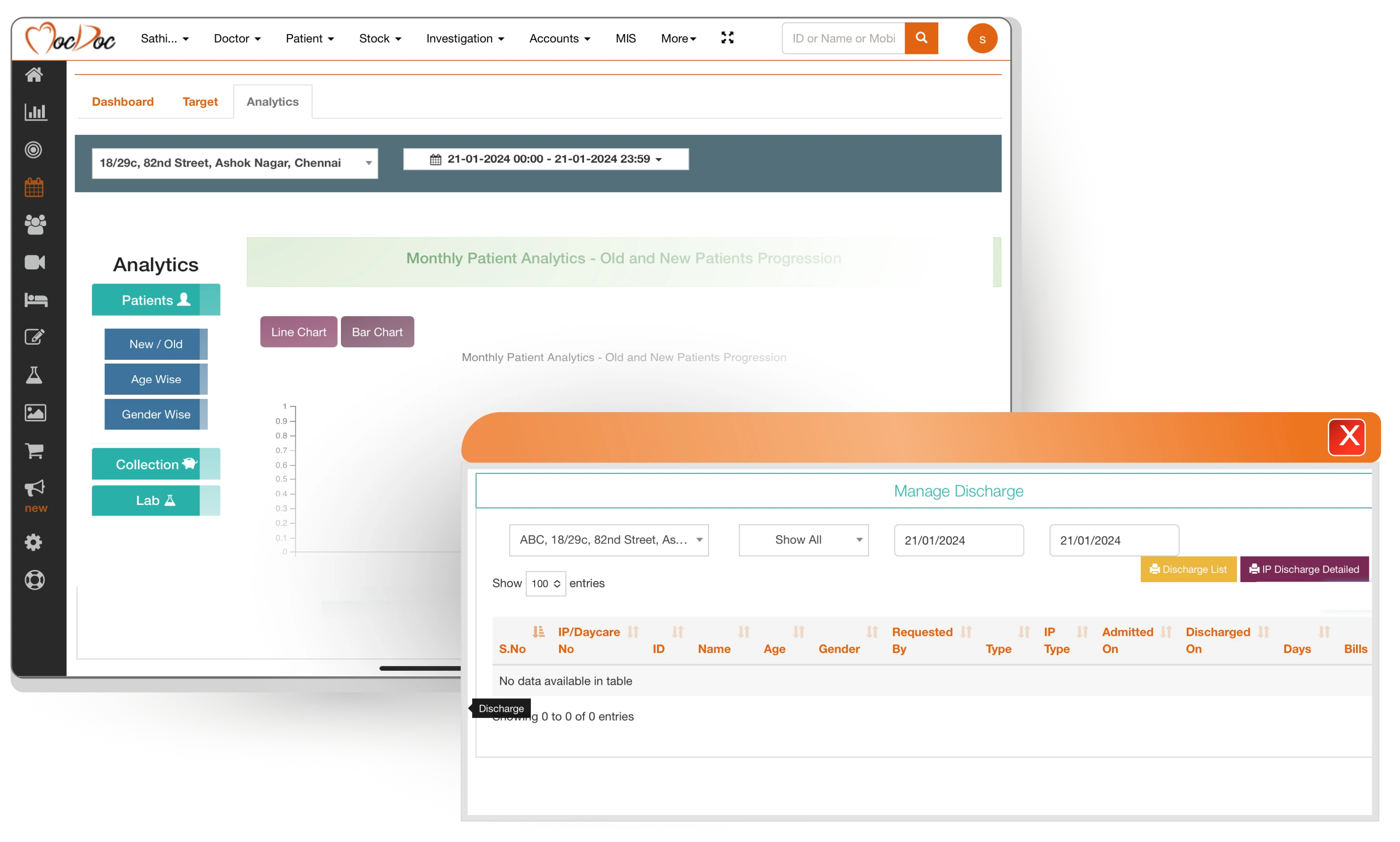 MocDoc HMS with patient management, discharge section, and analytics dashboard to automate tasks.