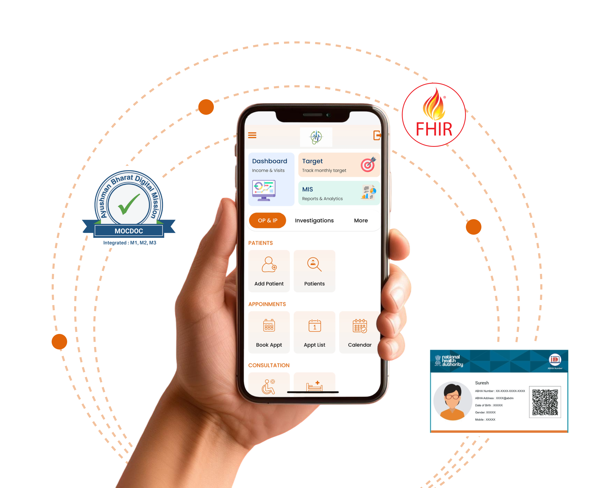 MocDoc hospital software image highlighting end-to-end ABDM and NHCX integration for hospitals