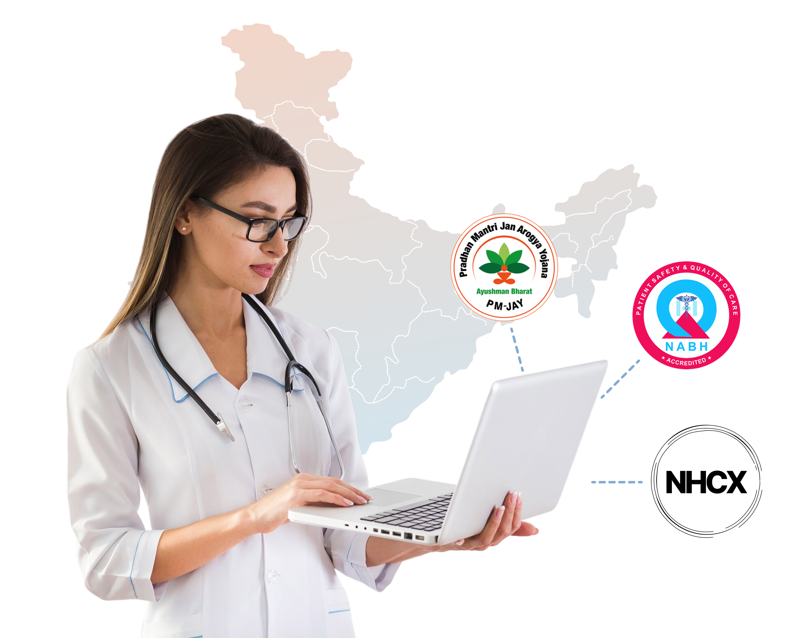 Future healthcare graphic showing MocDoc as a fully interoperable certified HMS for Indian hospitals