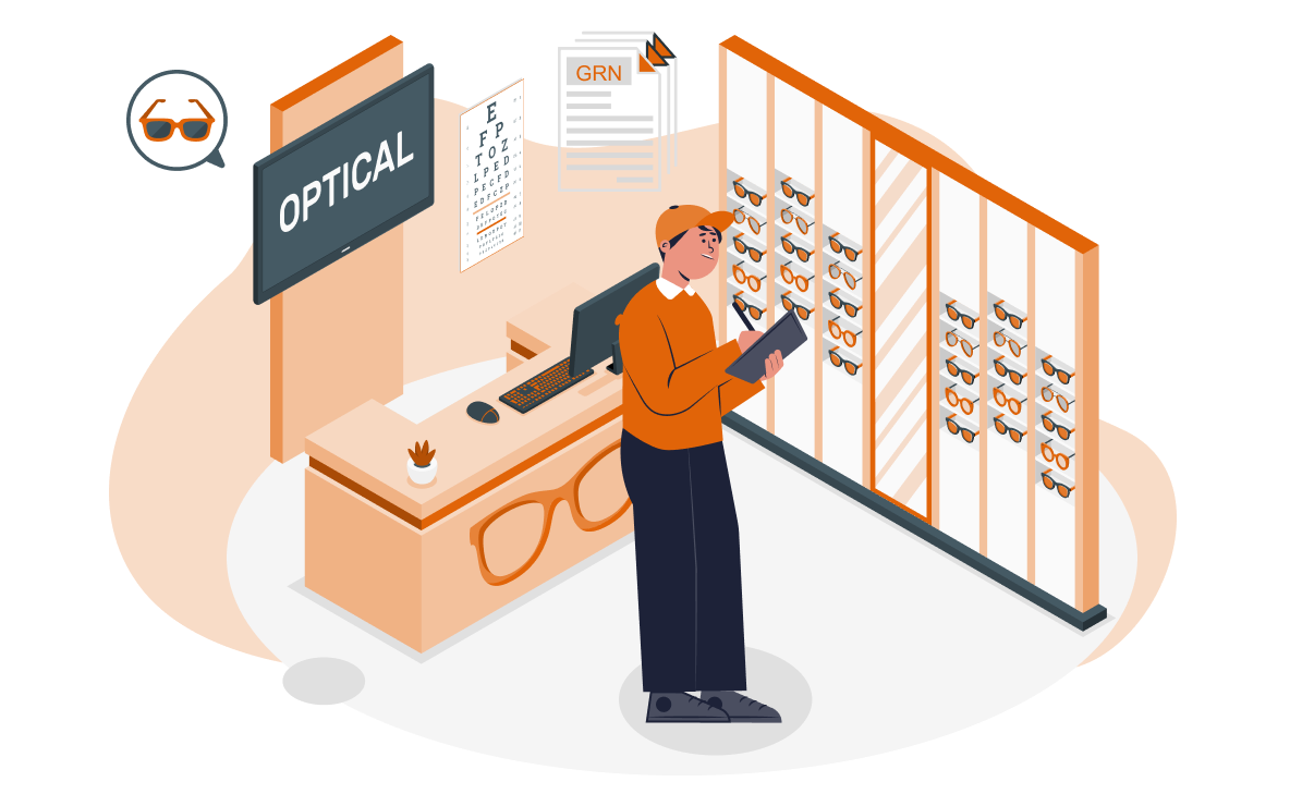 Efficient optical inventory management with digital tools for tracking stock, GRNs, and customer needs.